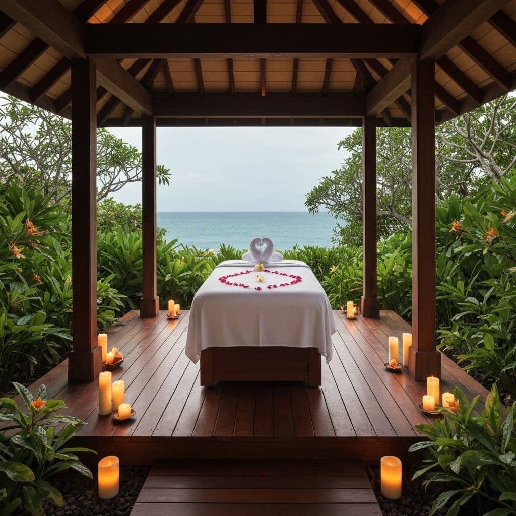 Luxury tropical spa pavilion surrounded by lush plants and candles
