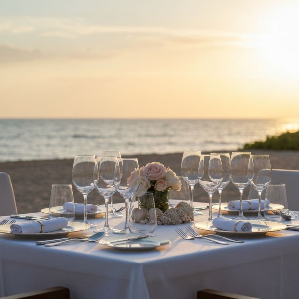Elegant beachside dining table at sunset
