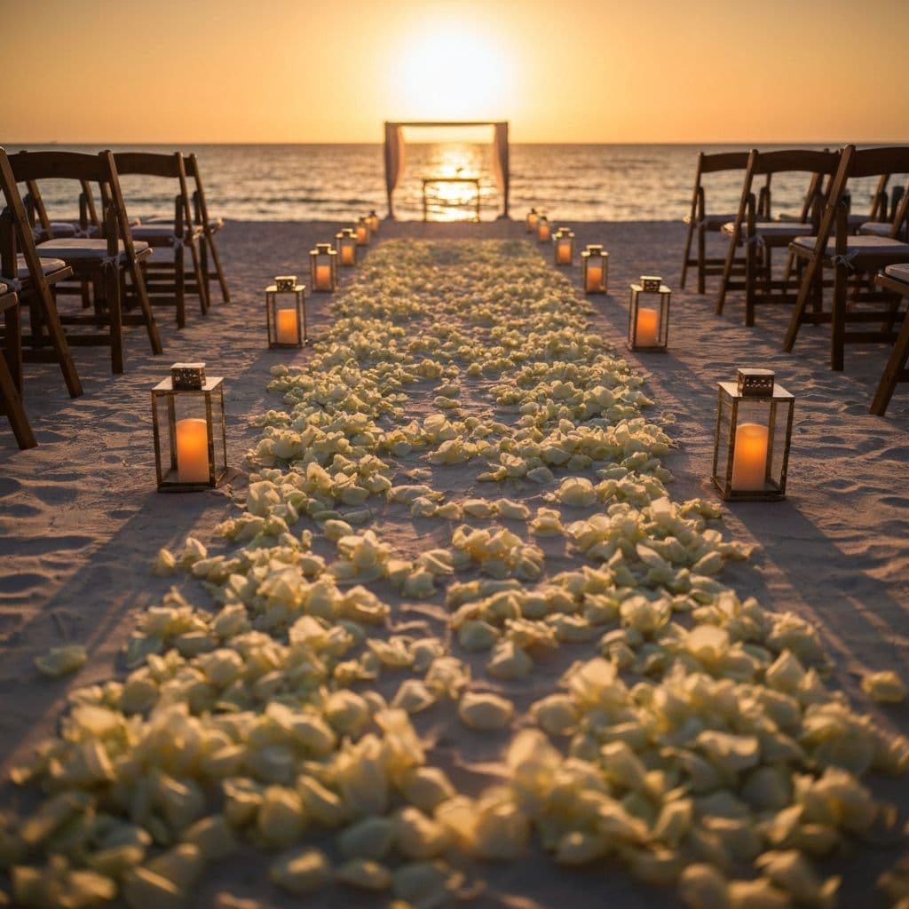 Beach wedding aisle lined with petals and lanterns
