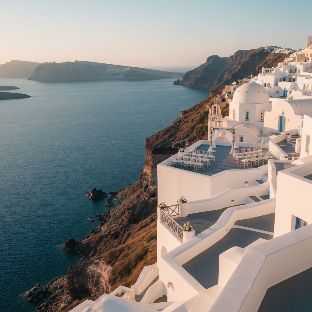Exclusive Santorini caldera wedding with dramatic cliff edge ceremony setup