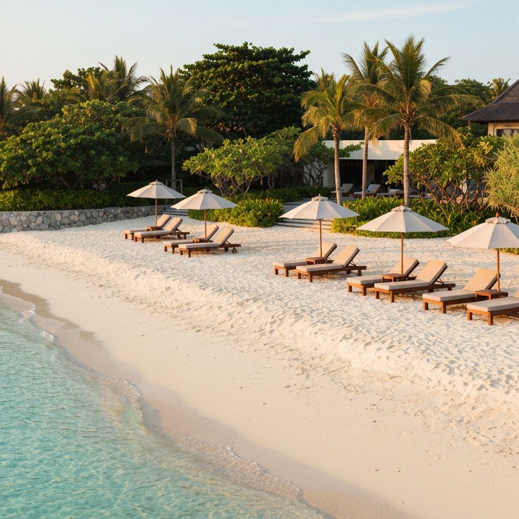 Pristine white sand beach with luxury loungers in Nusa Dua