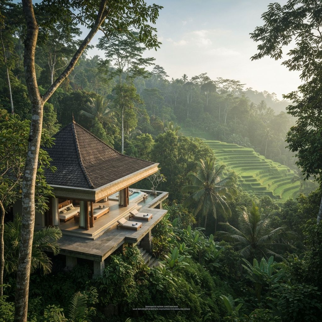 Luxury jungle resort villa surrounded by tropical rainforest in Ubud