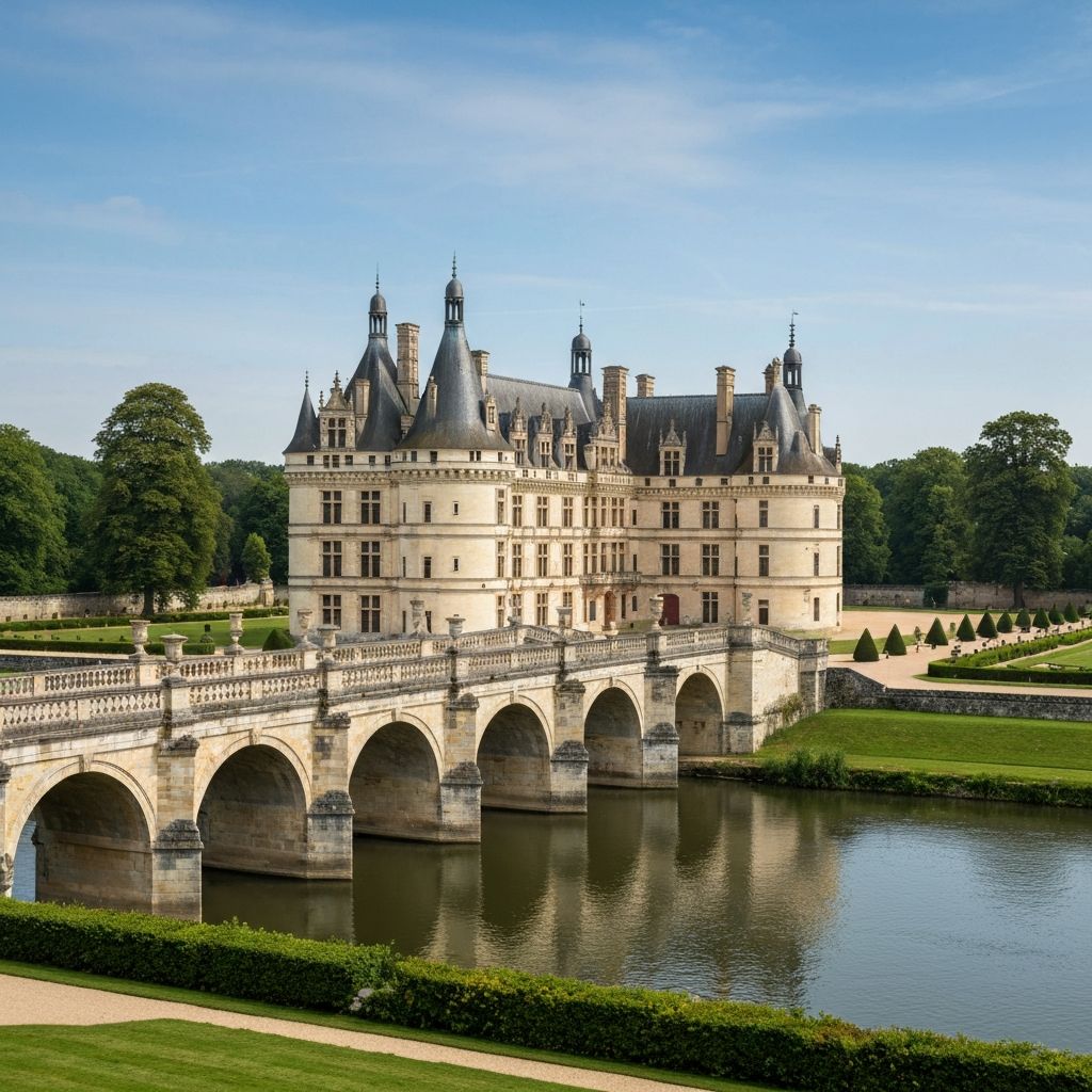 Elegant French Renaissance château with arched bridge