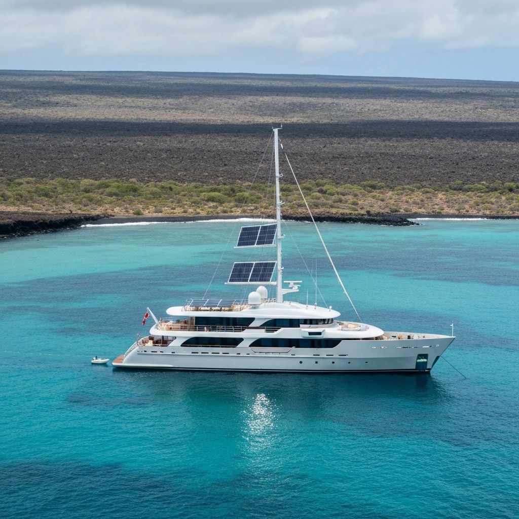 Elegant sustainable expedition yacht anchored in Galapagos volcanic bay