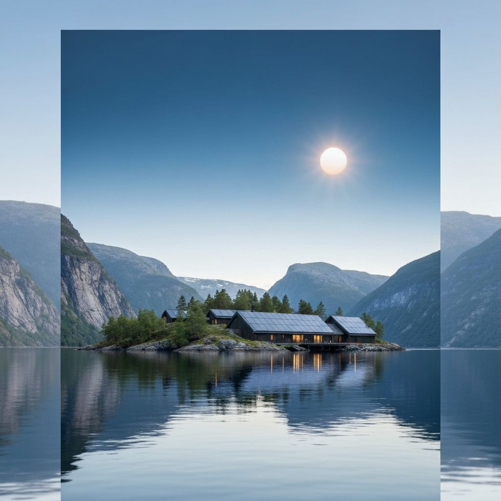Solar-powered private island retreat in Norwegian fjords at midnight sun