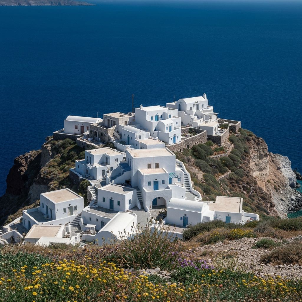 Folegandros Chora village perched on dramatic clifftop with white cubic houses against the Aegean sky