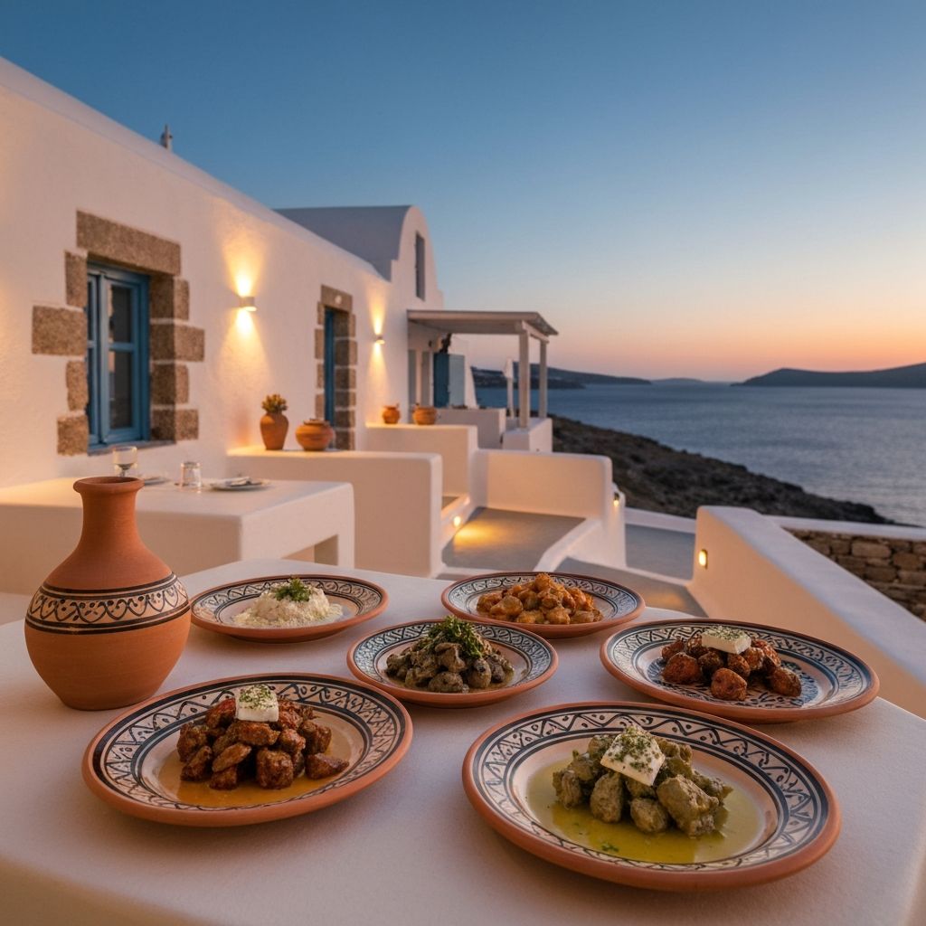 Traditional Sifnos ceramic cookware and artisanal Greek cuisine on a stone terrace overlooking the sea