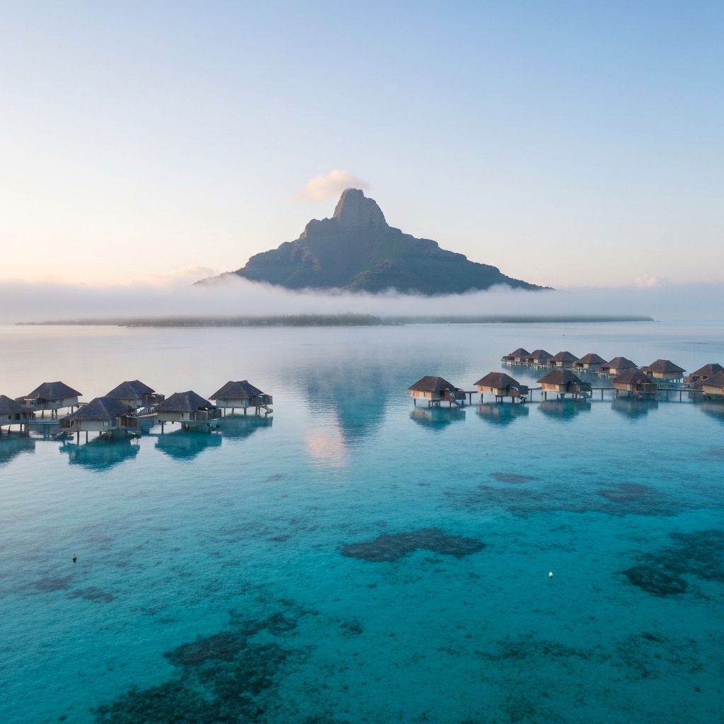 Overwater bungalows in Bora Bora at dawn with Mount Otemanu reflected in turquoise lagoon