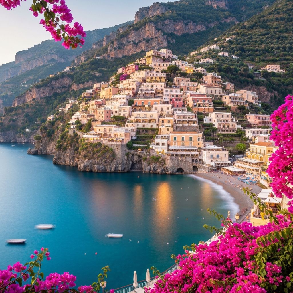 Positano Amalfi Coast at golden hour with pastel villas cascading to turquoise Mediterranean sea