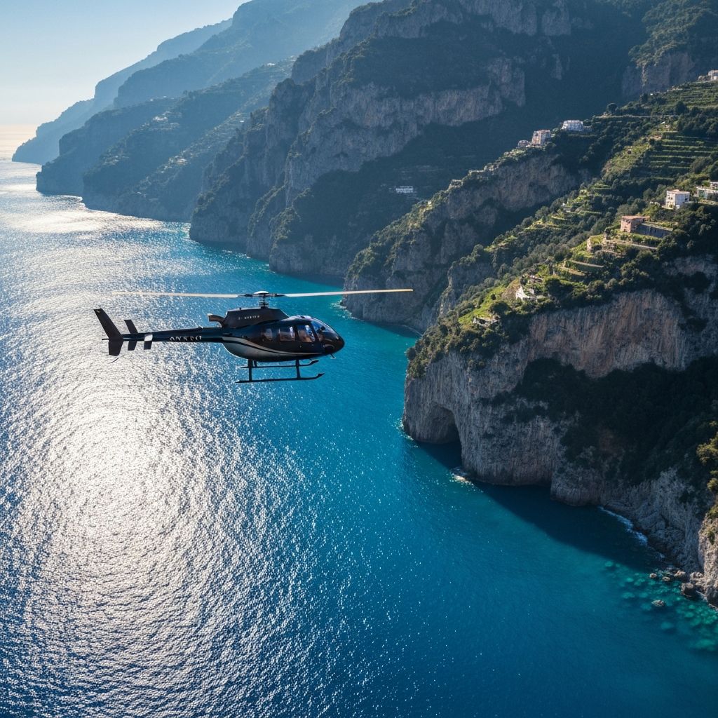 Luxury private helicopter flying over the Amalfi Coast