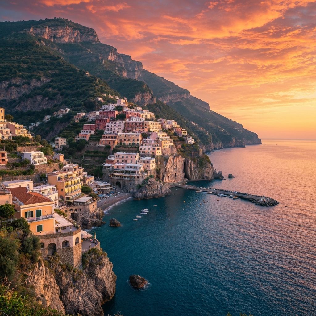 Stunning sunset over Positano on the Amalfi Coast with colorful cliffside buildings