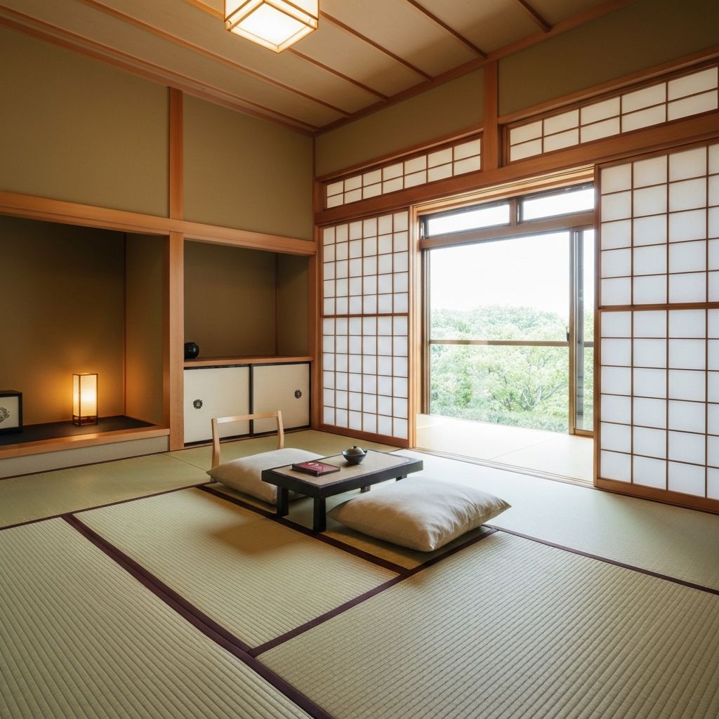 Elegant traditional Japanese ryokan interior with tatami mats and shoji screens