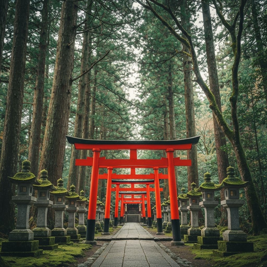 Hidden forest shrine pathway with traditional torii gates and moss-covered stone lanterns