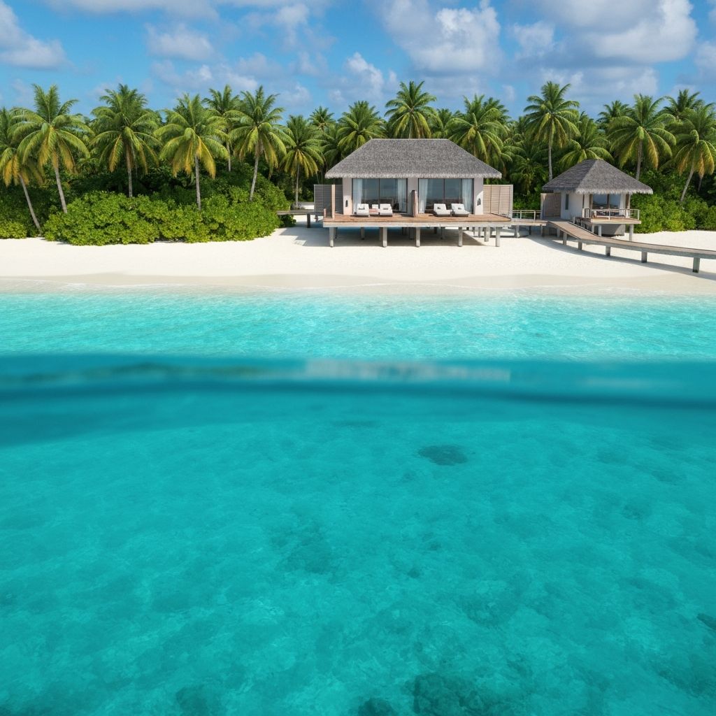 Luxury overwater villa in Caribbean with crystal azure waters