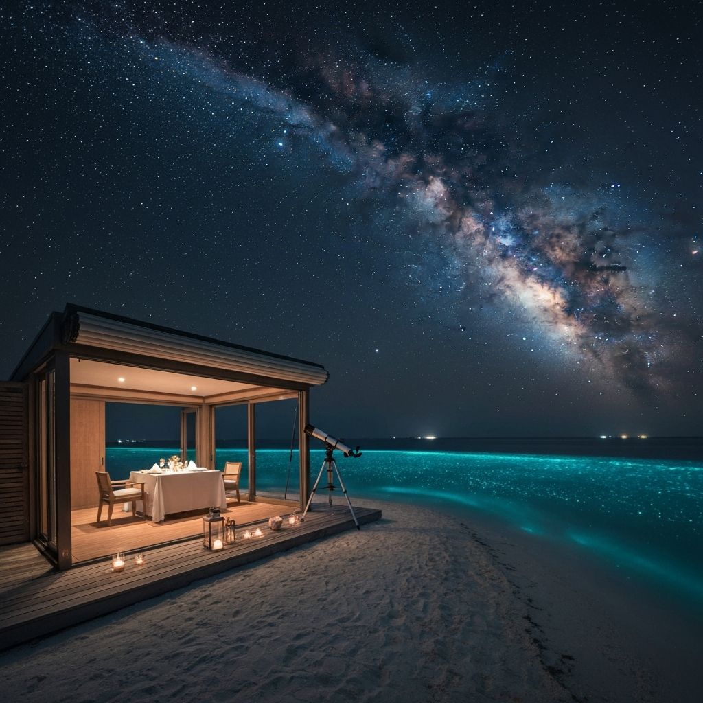 Soneva Jani Maldives celestial dinner on a private sandbank under the Milky Way with bioluminescent water surrounding