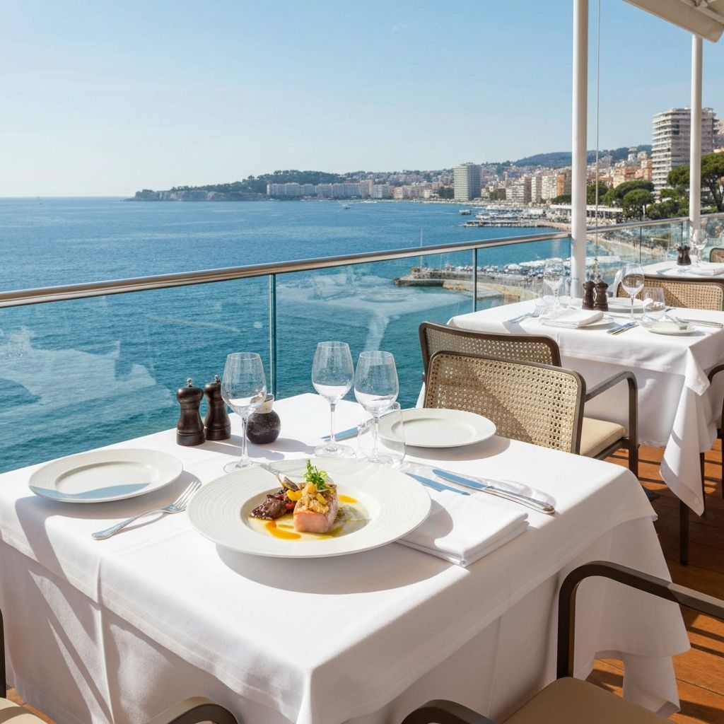 Elegant Michelin-star restaurant terrace overlooking Mediterranean Sea with sophisticated fine dining presentation