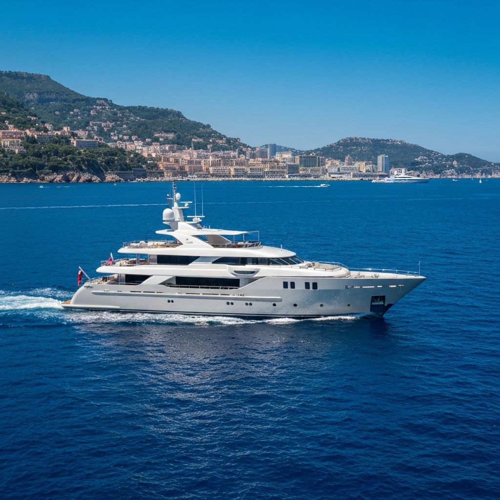 Luxury superyacht sailing on azure Mediterranean Sea along French Riviera coastline