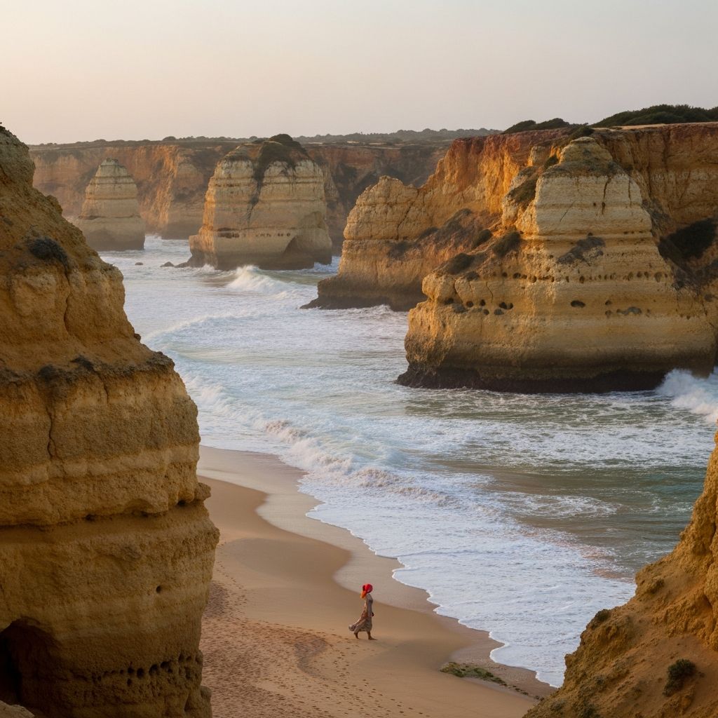 Golden sandstone cliffs of the Algarve Portugal with a lone figure walking on the beach below