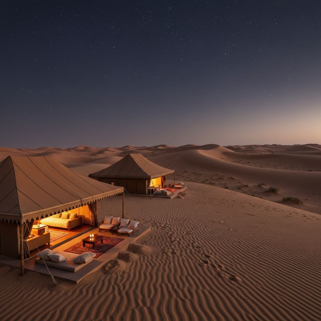 Luxury desert camp in Oman with elegant structures under vast starry sky