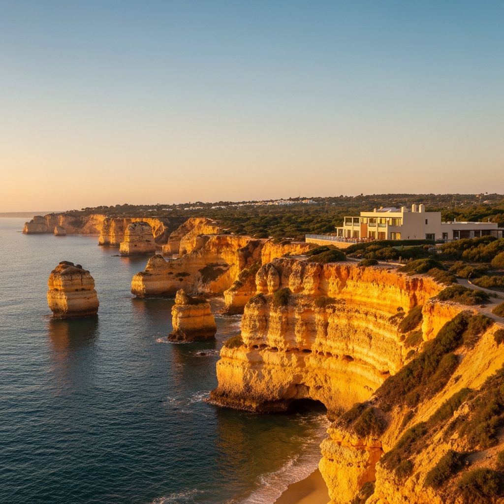 Dramatic golden cliffs of Algarve Portugal at sunset with luxury clifftop resort