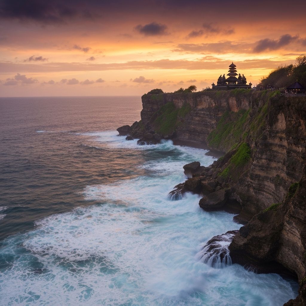 Uluwatu temple perched on dramatic Balinese cliff at sunset with Indian Ocean below
