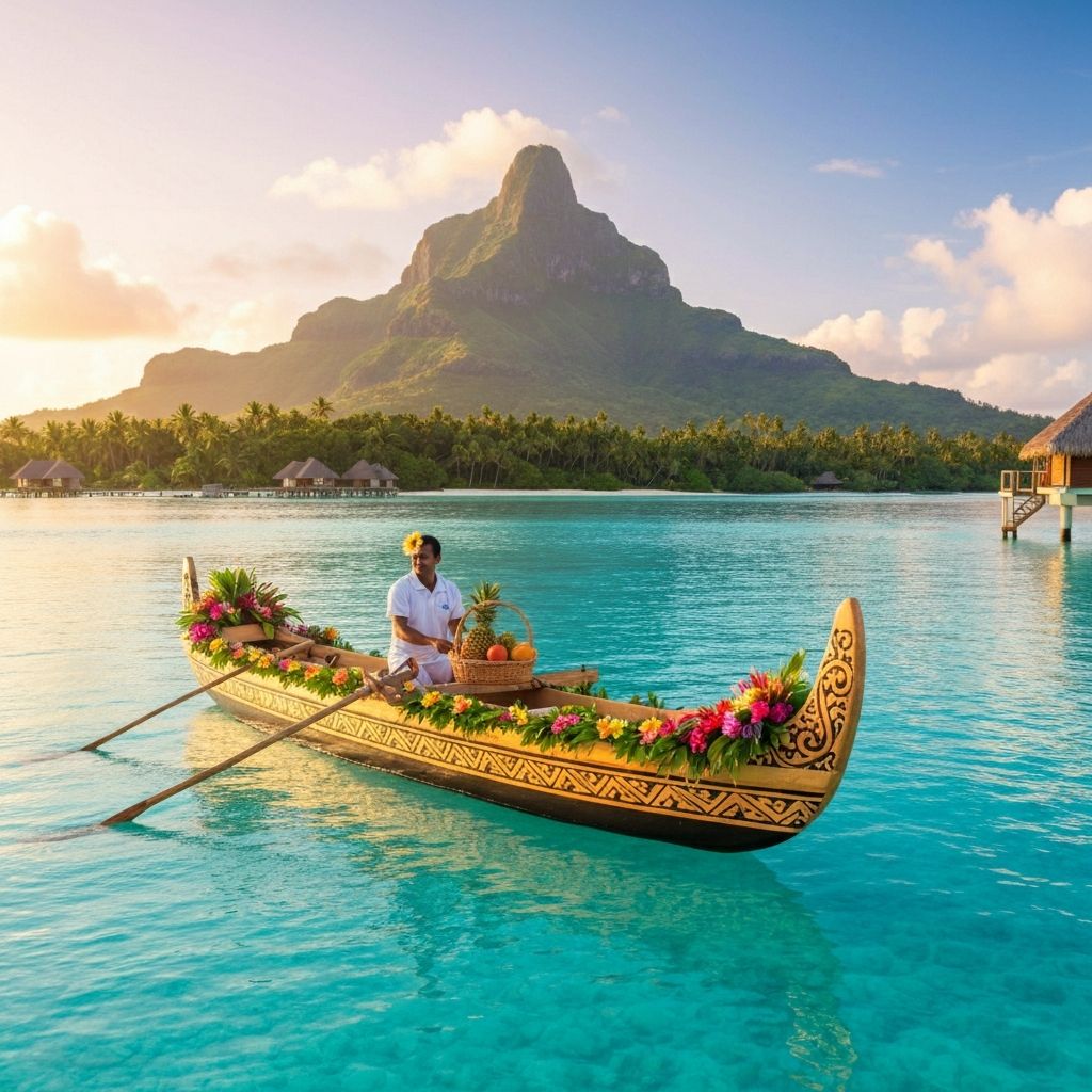 Traditional Polynesian canoe delivering breakfast in Bora Bora lagoon