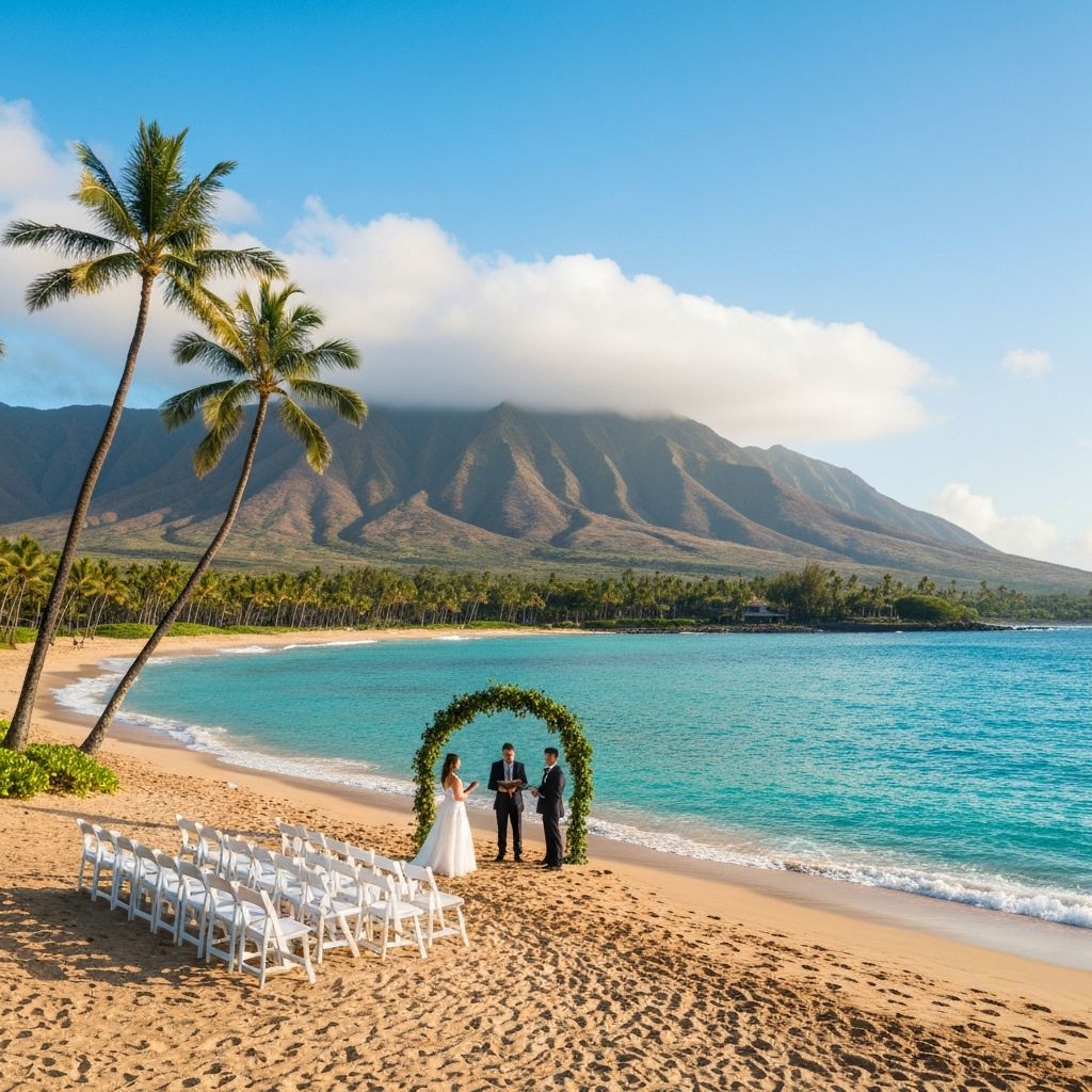 Luxury beach wedding ceremony in Maui Hawaii with volcanic mountains and turquoise Pacific Ocean