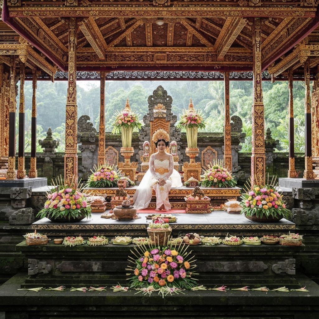 Traditional Balinese spiritual wedding ceremony with tropical offerings