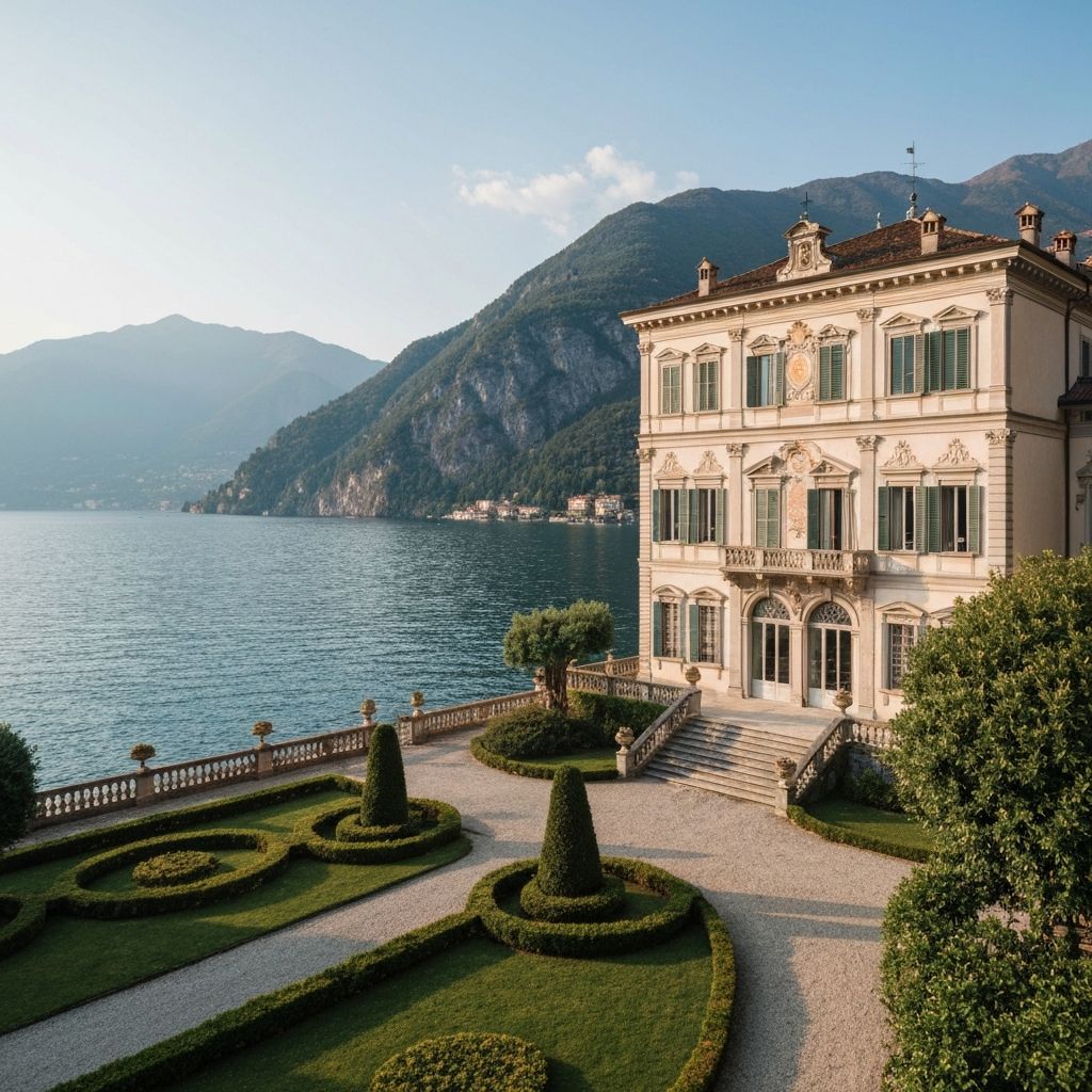 Historic villa wedding venue on Lake Como with mountain backdrop