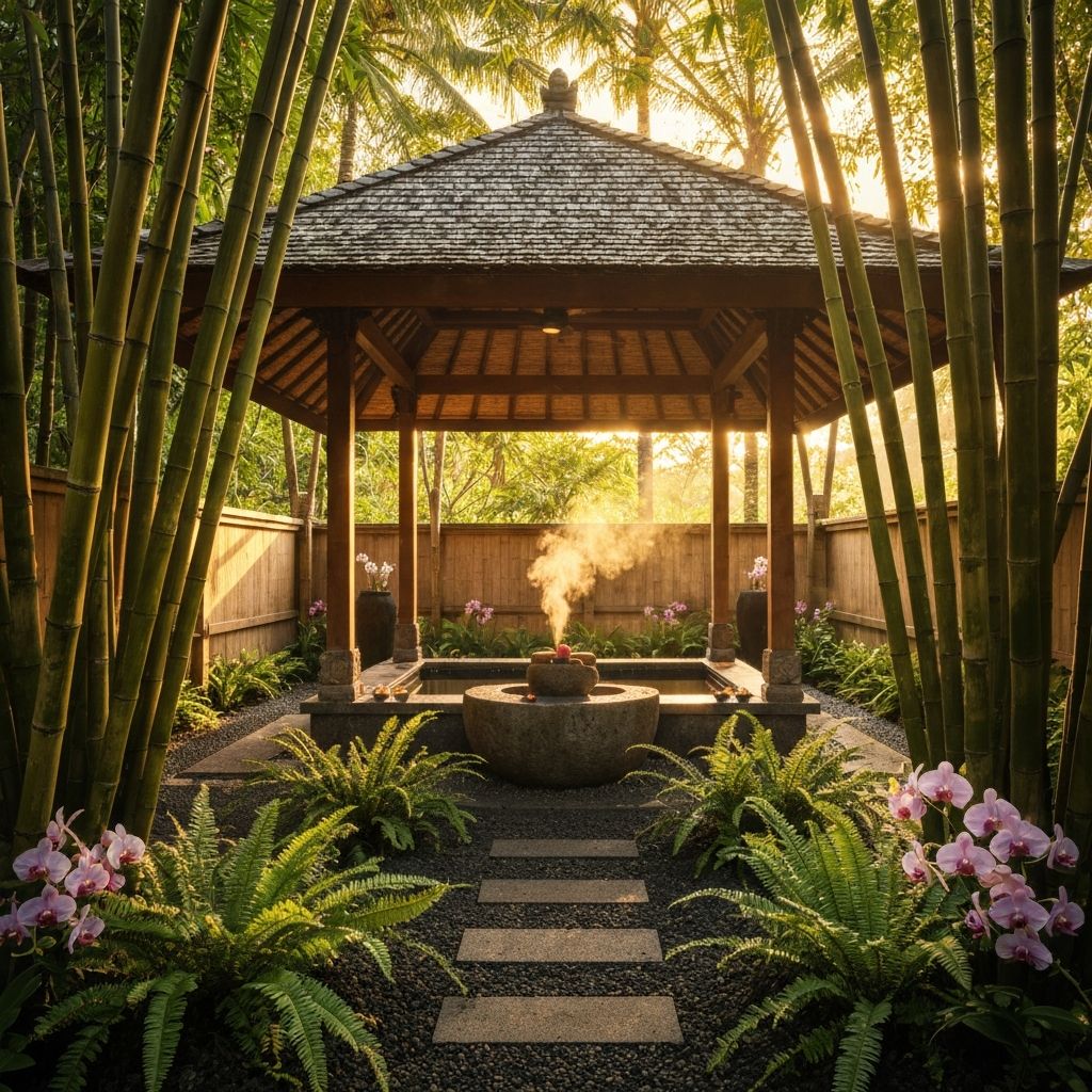 Balinese spa treatment pavilion with volcanic stone pool and sacred incense in tropical jungle