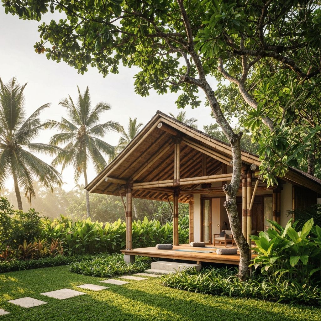 Elegant outdoor yoga pavilion surrounded by tropical gardens