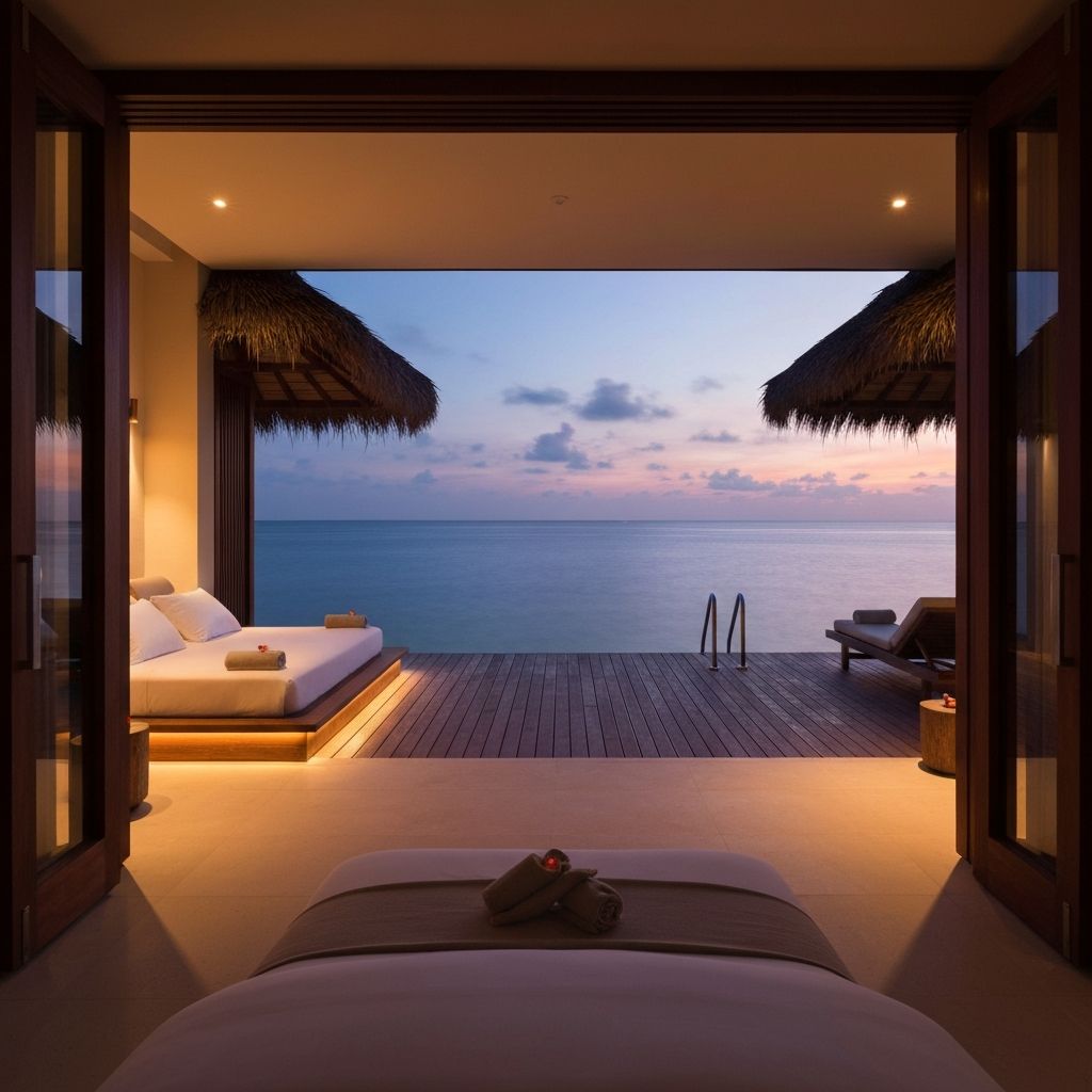 Luxury beachfront wellness villa at dusk
