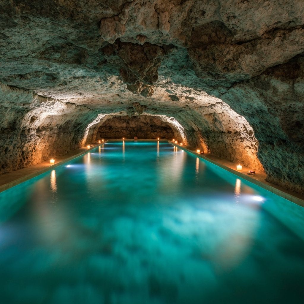 Tulum luxury cenote wellness spa with turquoise underground pool and ancient limestone cave