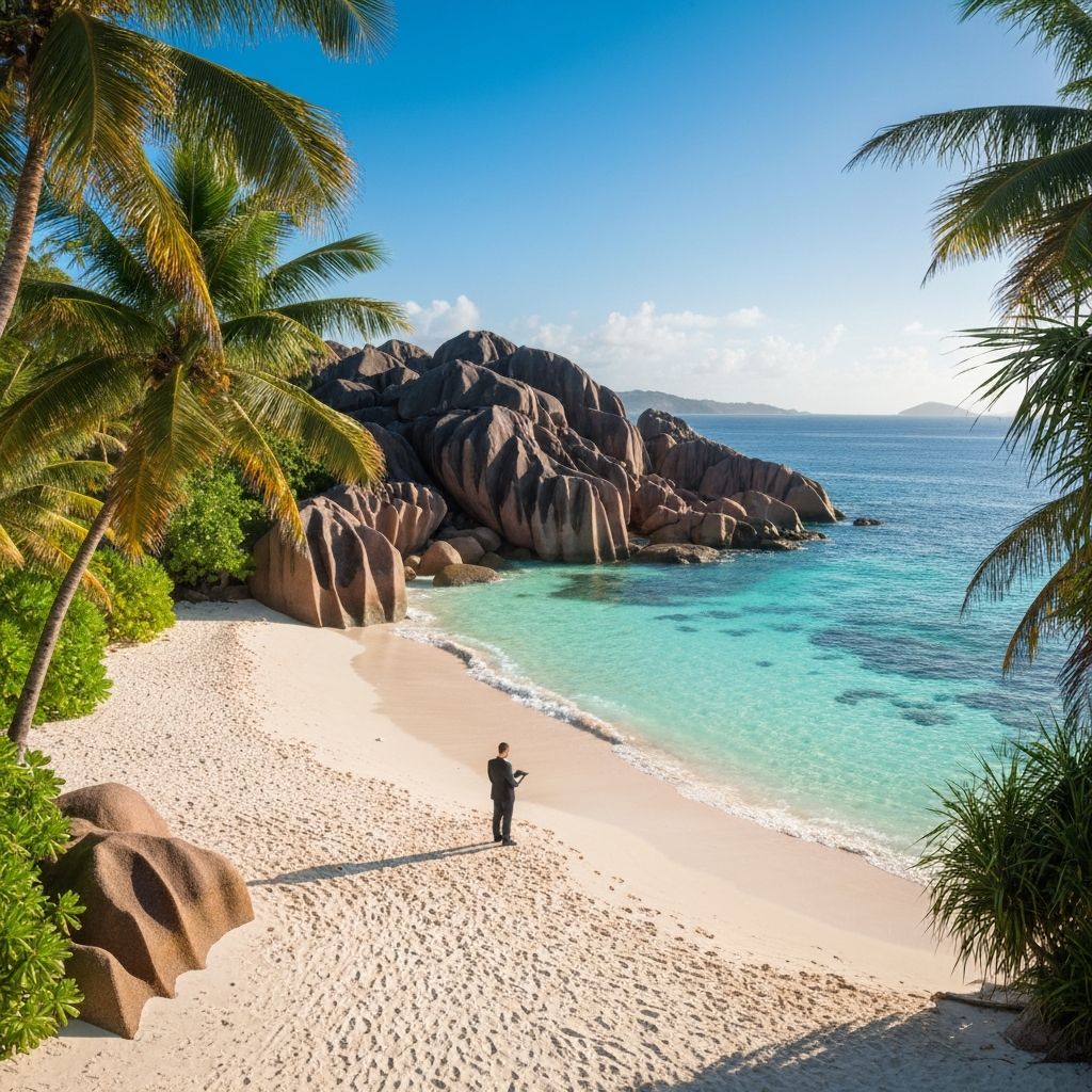 Luxury beach wedding in Seychelles with iconic granite boulders and turquoise Indian Ocean