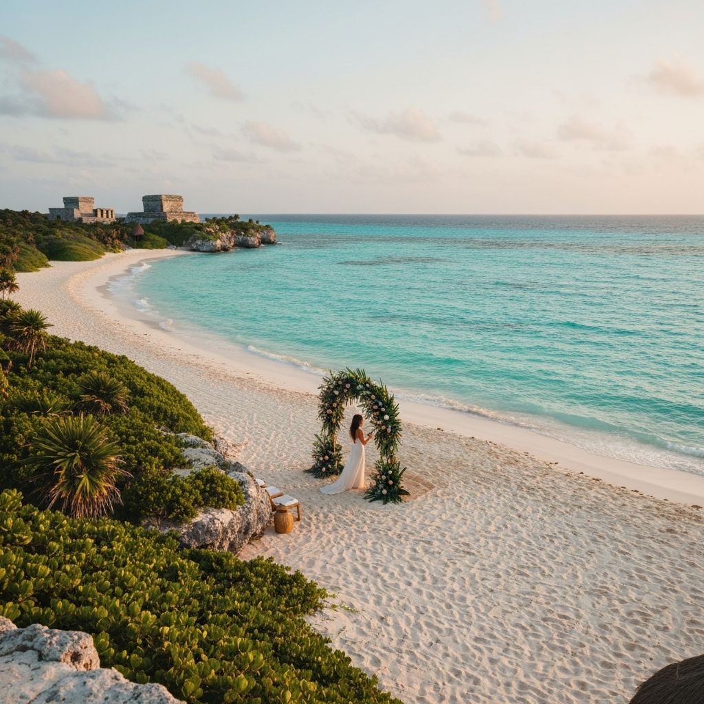 Elegant beach wedding at Tulum with ancient Mayan ruins and turquoise Caribbean waters