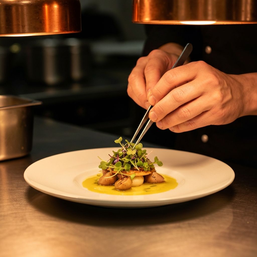 Chef plating an elegant dish with precision