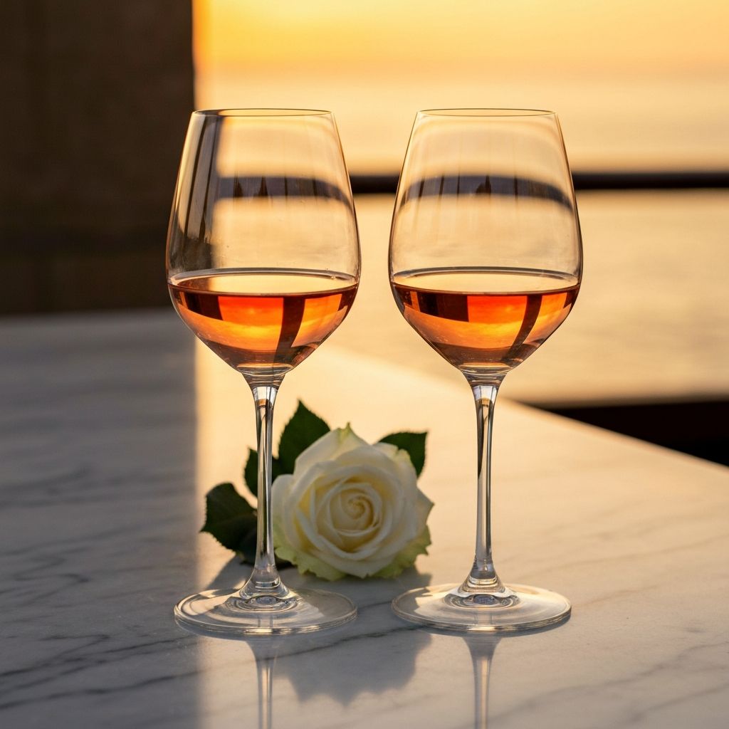 Crystal wine glasses with rose at sunset