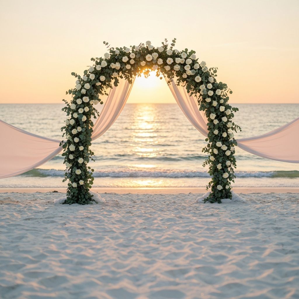 Ethereal beach wedding ceremony at golden hour
