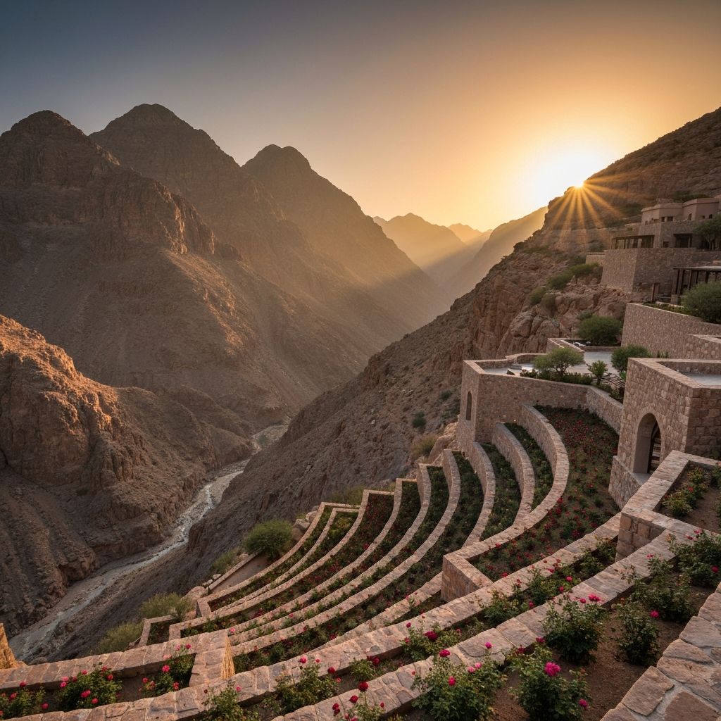 Alila Jabal Akhdar Oman infinity pool on edge of 2000-metre Al Hajar mountain gorge with rose terraces at golden sunset
