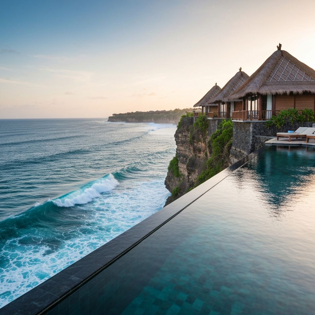 Alila Villas Uluwatu infinity pool on limestone cliff edge above Indian Ocean at golden hour, Bali