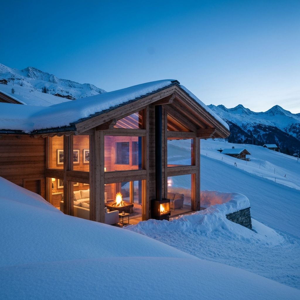 Aman Le Mélézin Courchevel luxury alpine chalet with panoramic snow-covered French Alps view at blue hour twilight
