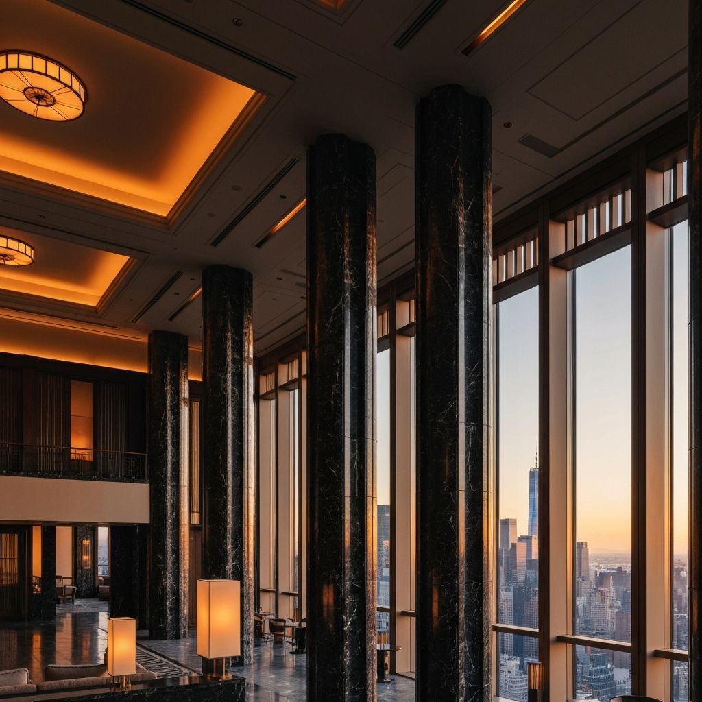 Aman New York hotel soaring atrium with 33-foot ceilings, dark marble columns and warm amber light, Midtown Manhattan
