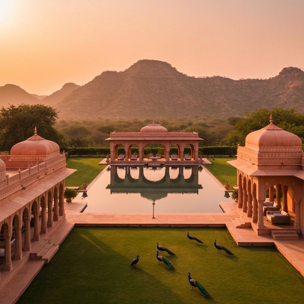 Amanbagh luxury resort Rajasthan India Mughal-inspired pink sandstone pavilion with reflecting pool amid Aravalli Hills at sunset