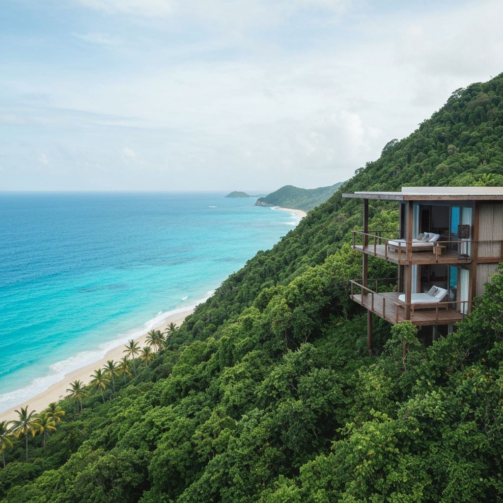 Amanera resort Dominican Republic luxury casita on lush green hillside cliff above Playa Grande turquoise Caribbean sea