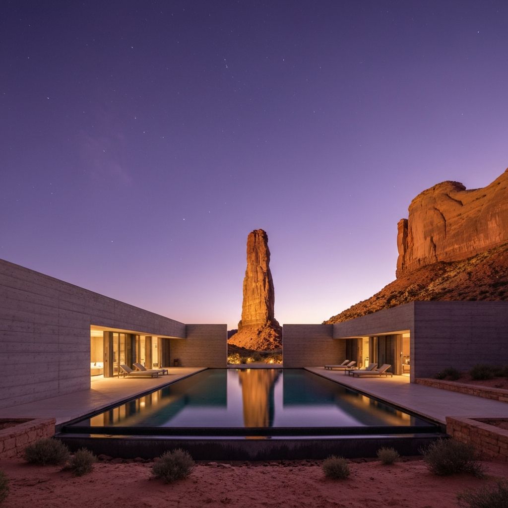 Amangiri resort Utah twilight, desert canyon monolith rising through wraparound pool with amber sandstone and purple sky