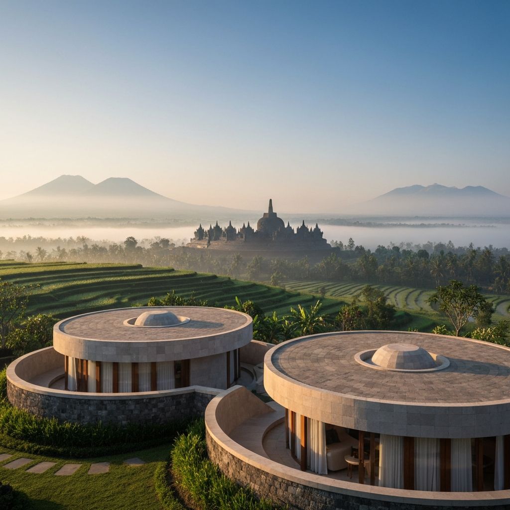 Amanjiwo circular stone pavilion with panoramic view of Borobudur temple in morning mist, Java