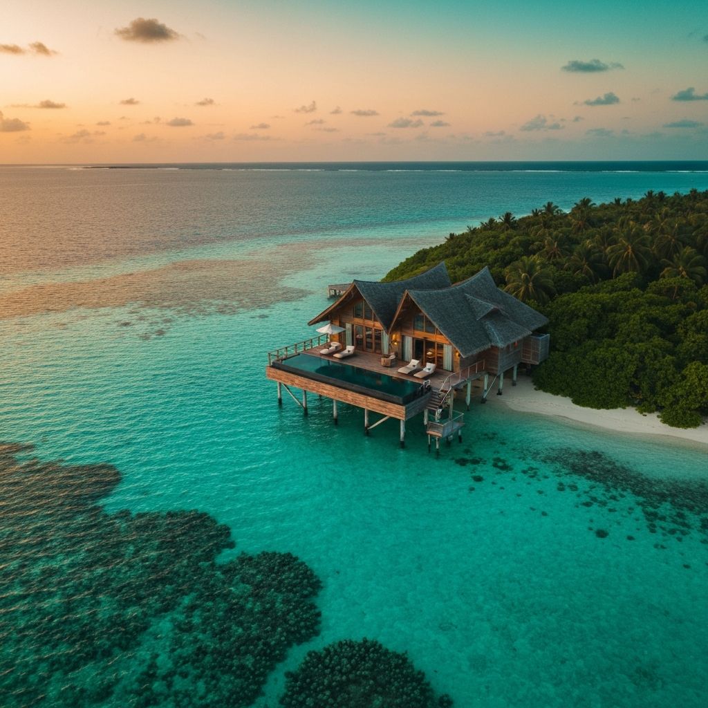 Amilla Fushi treehouse villa above turquoise Maldivian lagoon with coral reef below at sunset