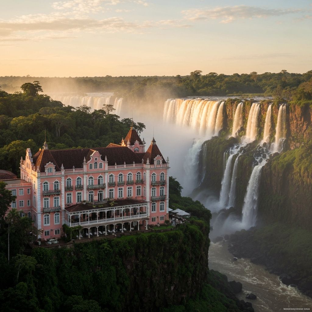 Belmond Hotel das Cataratas Brazil colonial pink facade beside dramatic Iguazu Falls in Atlantic rainforest at golden hour