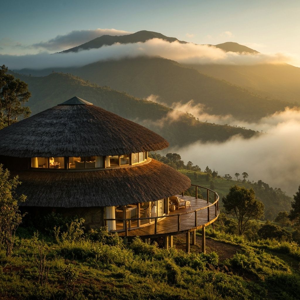 Bisate Lodge circular eco-villa amid misty Virunga volcano highlands and gorilla habitat, Rwanda