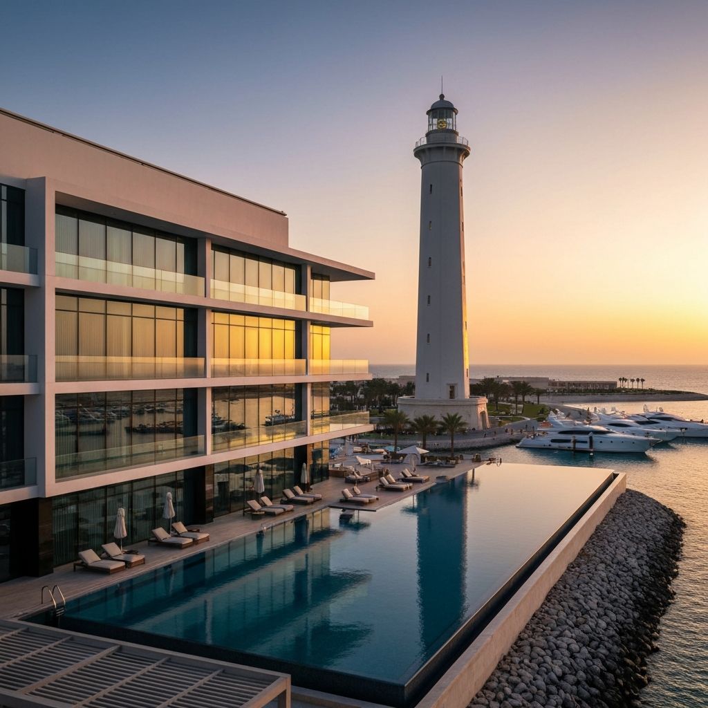 Bulgari Lighthouse Dubai iconic lighthouse tower on Jumeira Bay private island with yacht marina and Arabian Gulf panorama at golden sunset